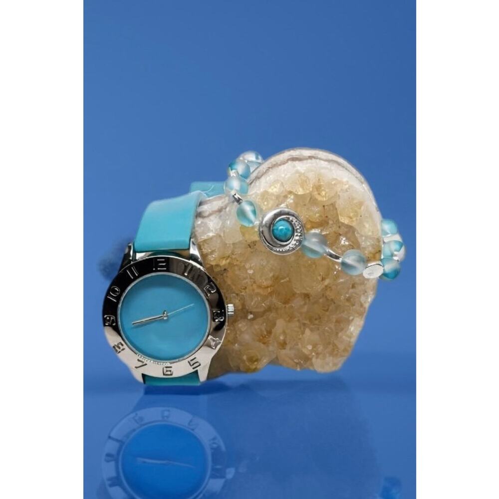 Blue Dial Watch & Coordinating Handmade Beaded Bracelet Set